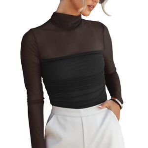 Mesh Black Bodysuit Sexy Sheer Long Sleeve Mock Neck Clubwear Party Workwear